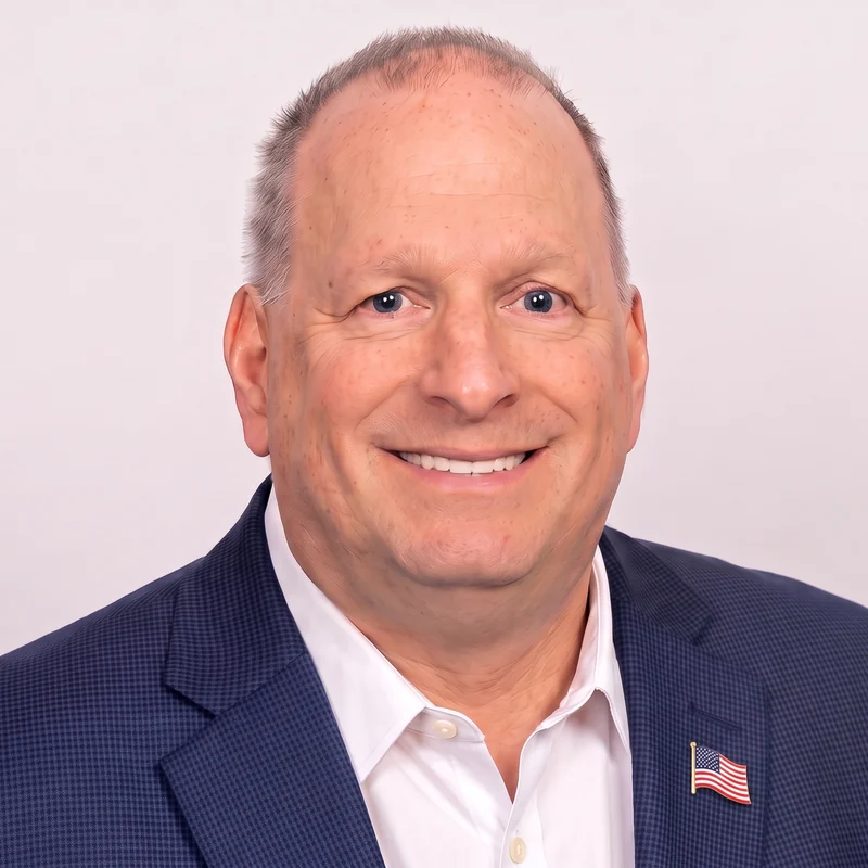 Daniel P. Devine in a navy blazer with an American flag lapel pin