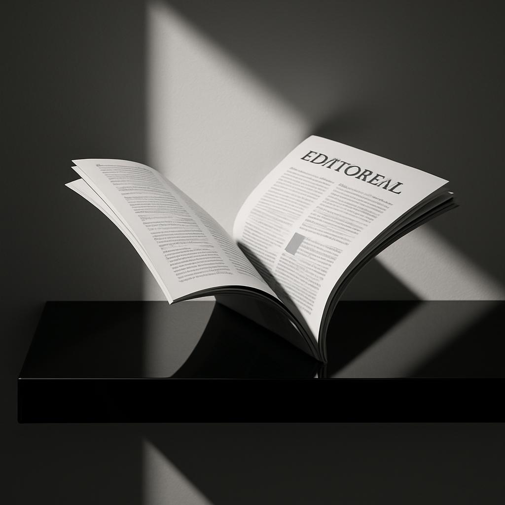 A magazine open to a page with headings reading :"editoreal." Illuminated by a beam of light. A dark, shadowed foreground ...