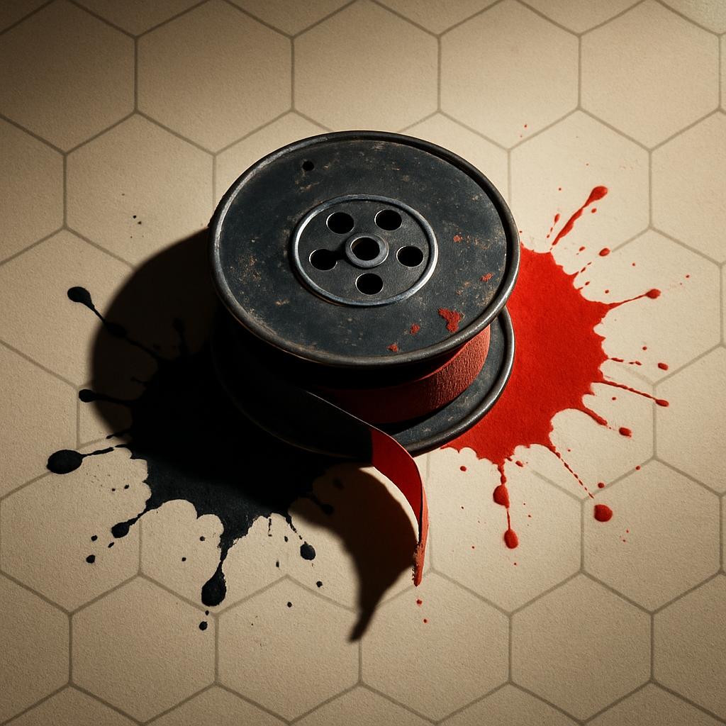 A black, rusty and small metal device sits on a hexagonal floor, with red and black paint splattered around it.